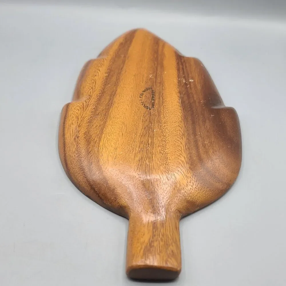 Monkey Pod Wood Hand Painted Country Leaf Platter Philippines Signed Cher 16